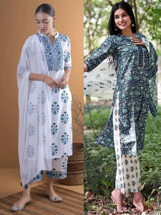 Printed Cotton Straight Kurta With Trousers (Pack Of 2)