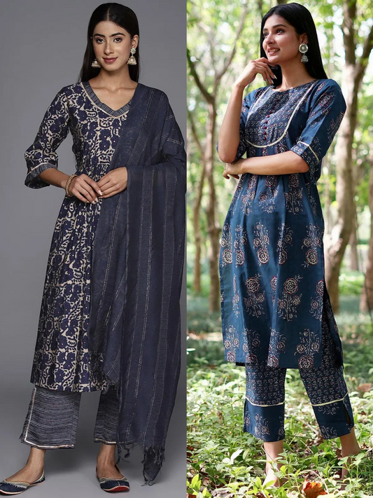 Printed Cotton Straight Kurta With Trousers (Pack Of 2)