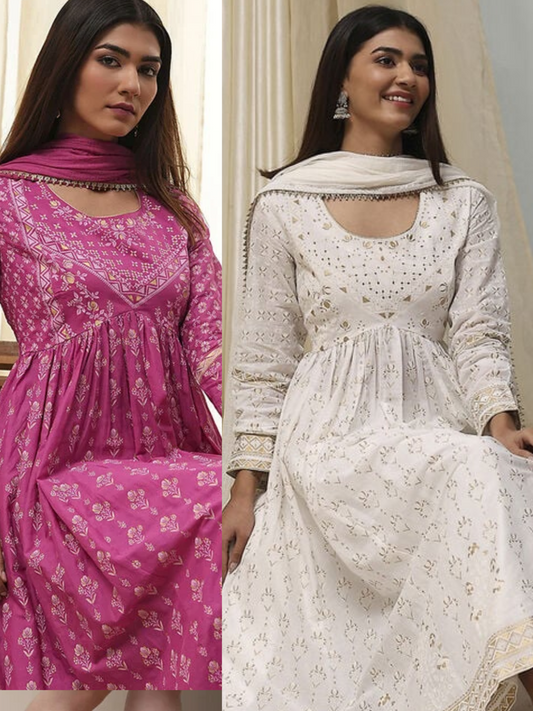 COTTON PRINTED ANARKALI SUIT SET (Pack Of 2)