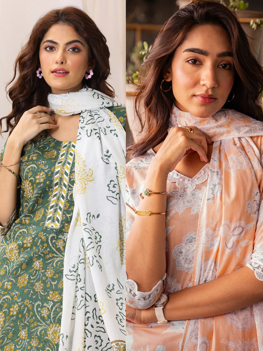 Printed Cotton Straight Suit Set With Dupatta (PACK OF 2)