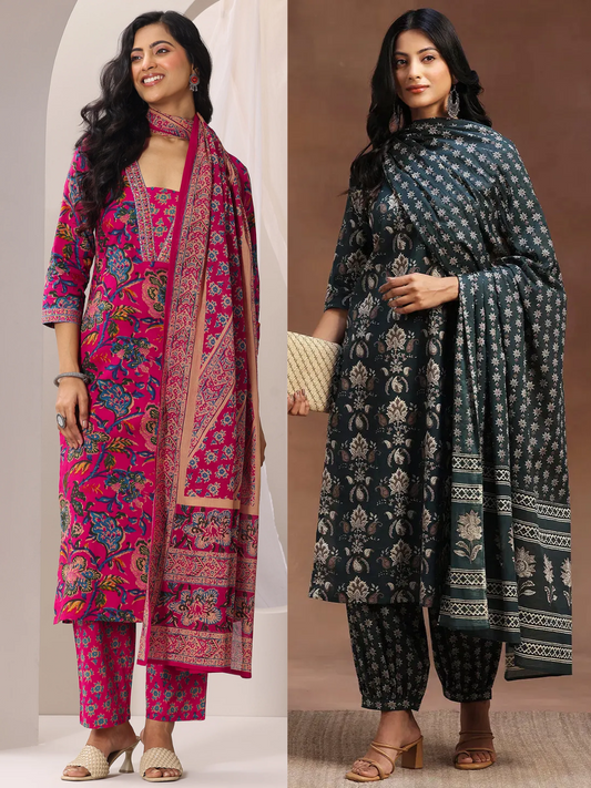 Printed Cotton Straight Suit With Dupatta (Pack Of 2)