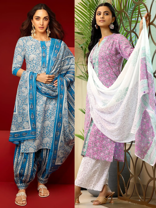 Printed Cotton Straight Suit With Dupatta (Pack Of 2)