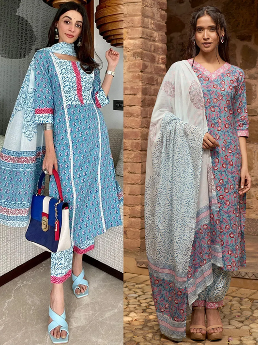 Printed Cotton Straight Suit With Dupatta (Pack Of 2)