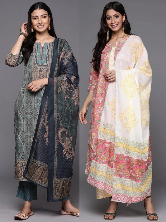 Printed Crepe Straight Kurta With Trousers & Dupatta (PACK OF 2)