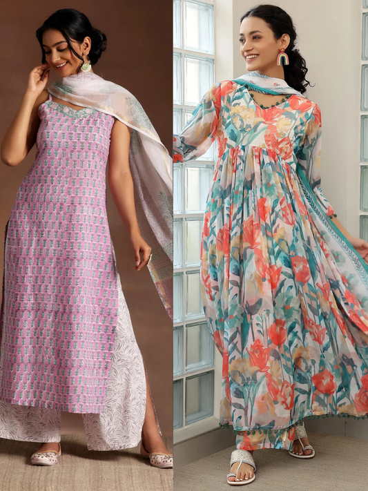 Printed Poly Chiffon A-Line Kurta With Palazzos & Dupatta (PACK OF 2)