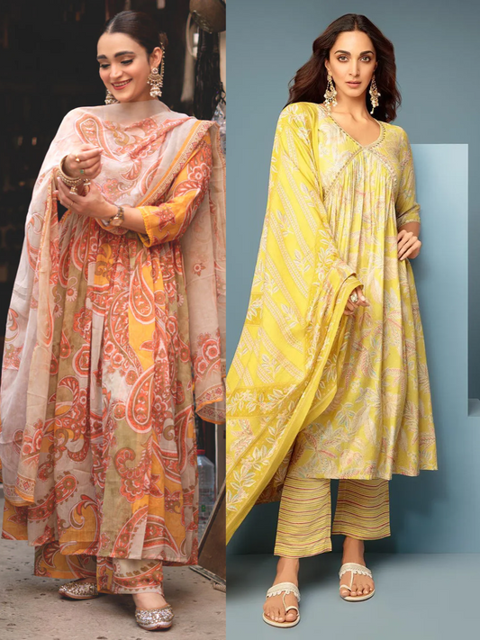 Printed Silk Blend A-Line Kurta With Palazzos & Dupatta (PACK OF 2)