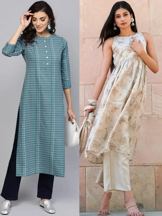 Printed Silk Blend A-Line Kurta With Palazzos & Dupatta (PACK OF 2)