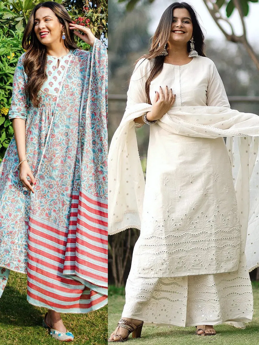 Cotton Straight Kurta and Anarkali Kurta With Palazzos & Dupatta (PACK OF 2)