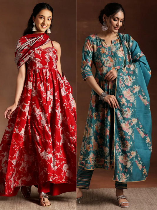 Printed Silk Blend Anarkali Suit With Dupatta (PACK OF 2)