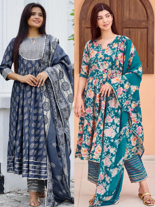 Printed Silk Blend Anarkali Suit With Dupatta (PACK OF 2)