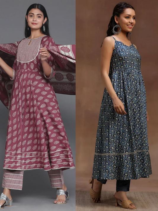 Printed Silk Blend Anarkali Suit With Dupatta (PACK OF 2)