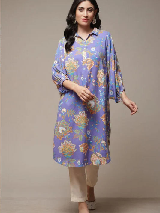 PURPLE RAYON STRAIGHT PRINTED KURTA
