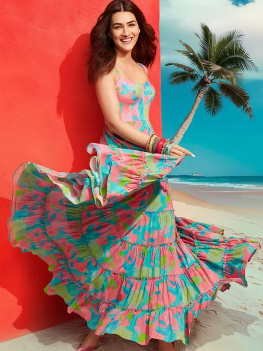 TURQUOISE COTTON FLORAL PRINTED TIERED DRESS