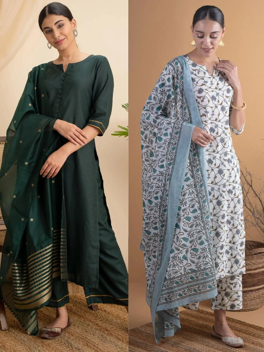 Cotton Straight Kurta With Palazzos & Dupatta (PACK OF 2)