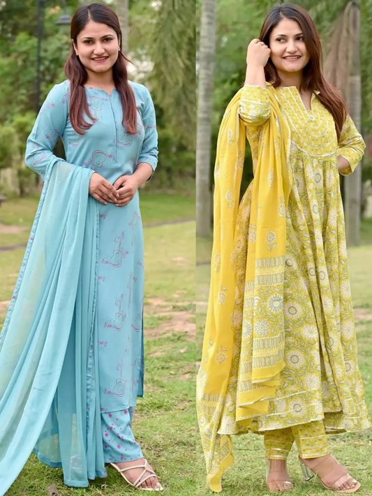 Design Cotton A-Line Kurta and Straight Kurta With Palazzos & Dupatta (PACK OF 2)