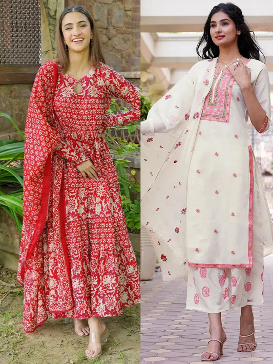 Design Cotton Straight Kurta and Anarkali Kurta With Palazzos & Dupatta (PACK OF 2)