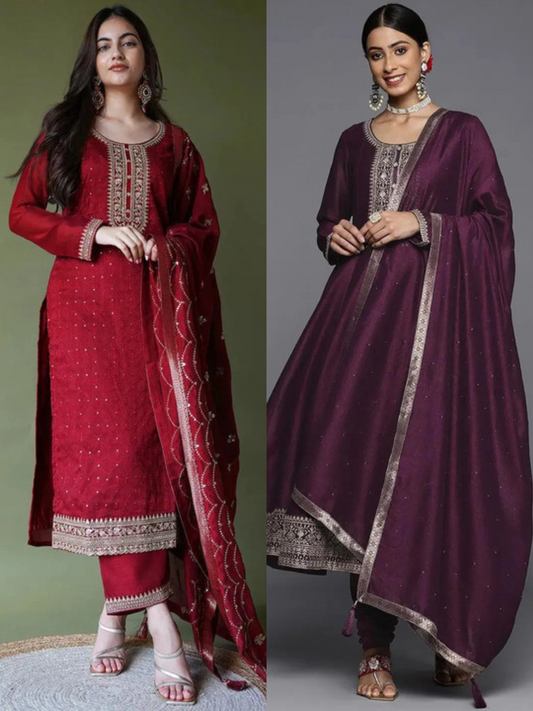 Blend Straight Kurta and Anarkali Suit With Trousers & Dupatta (PACK OF 2)