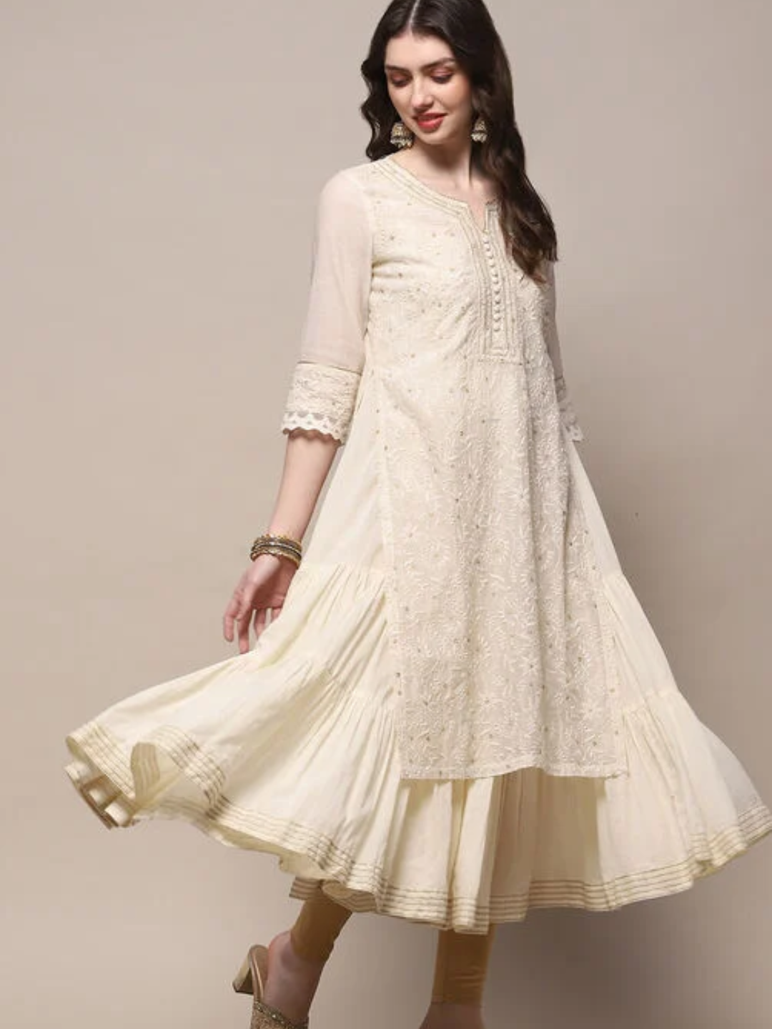 ECRU POLYESTER TIERED KURTA
