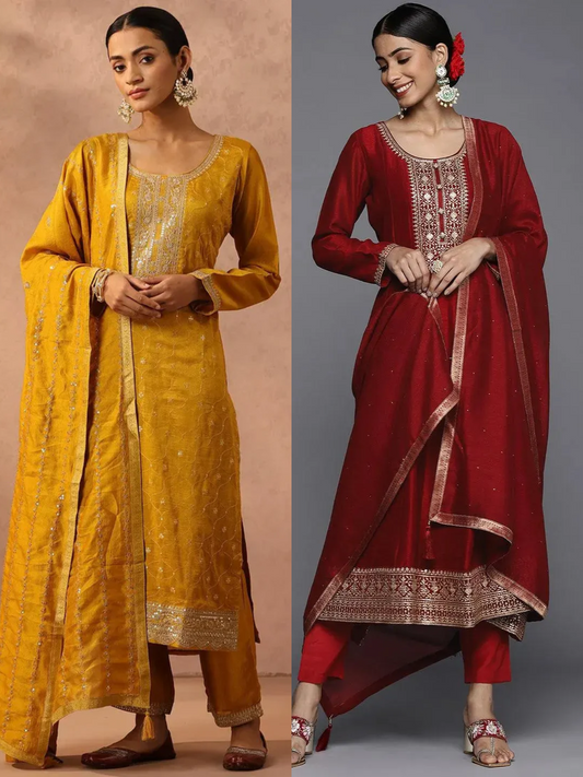 Blend Straight Kurta and Anarkali Suit With Trousers & Dupatta (PACK OF 2)