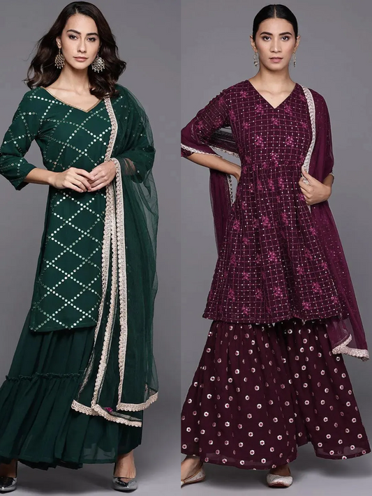 Embroidered Georgette Straight Sharara Suit Set With Dupatta (Pack Of 2)