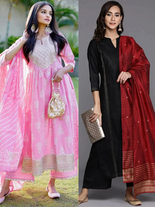 Design Cotton Anarkali Kurta and Straight Kurta With Palazzos & Dupatta (PACK OF 2)