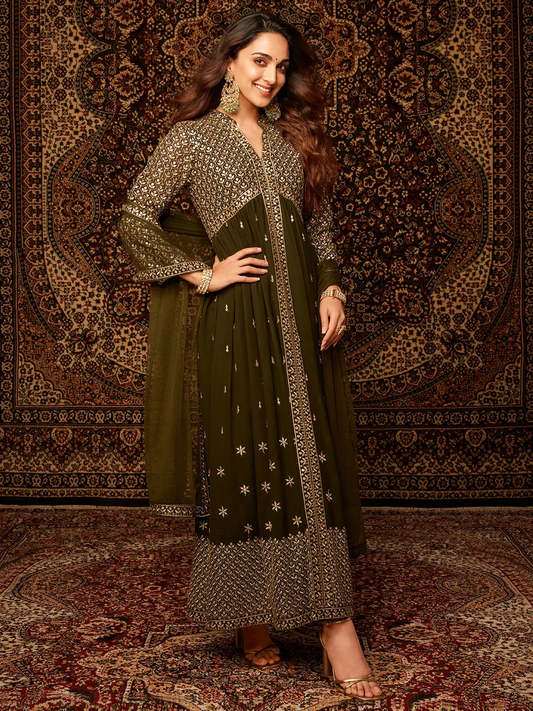 New Art Chandni Olive Embroidered Georgette A-Line Kurta With Trousers & Dupatta