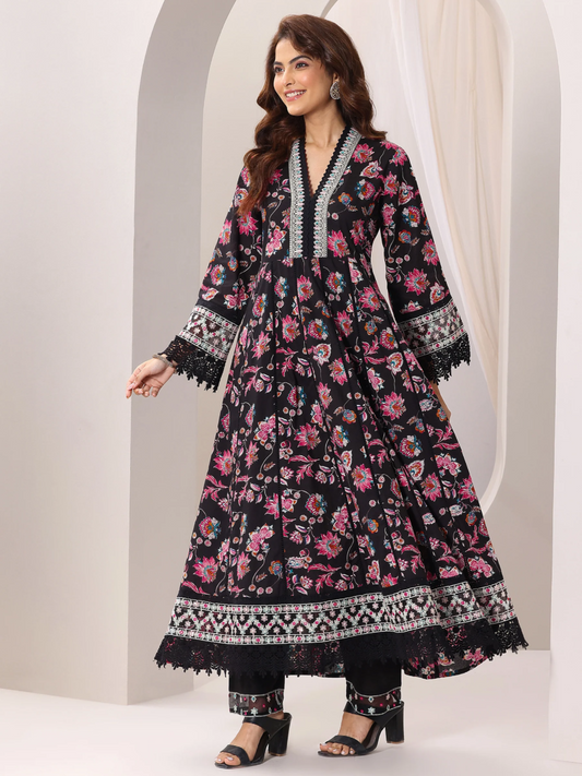 Black Printed Cotton Anarkali Suit Set With Dupatta
