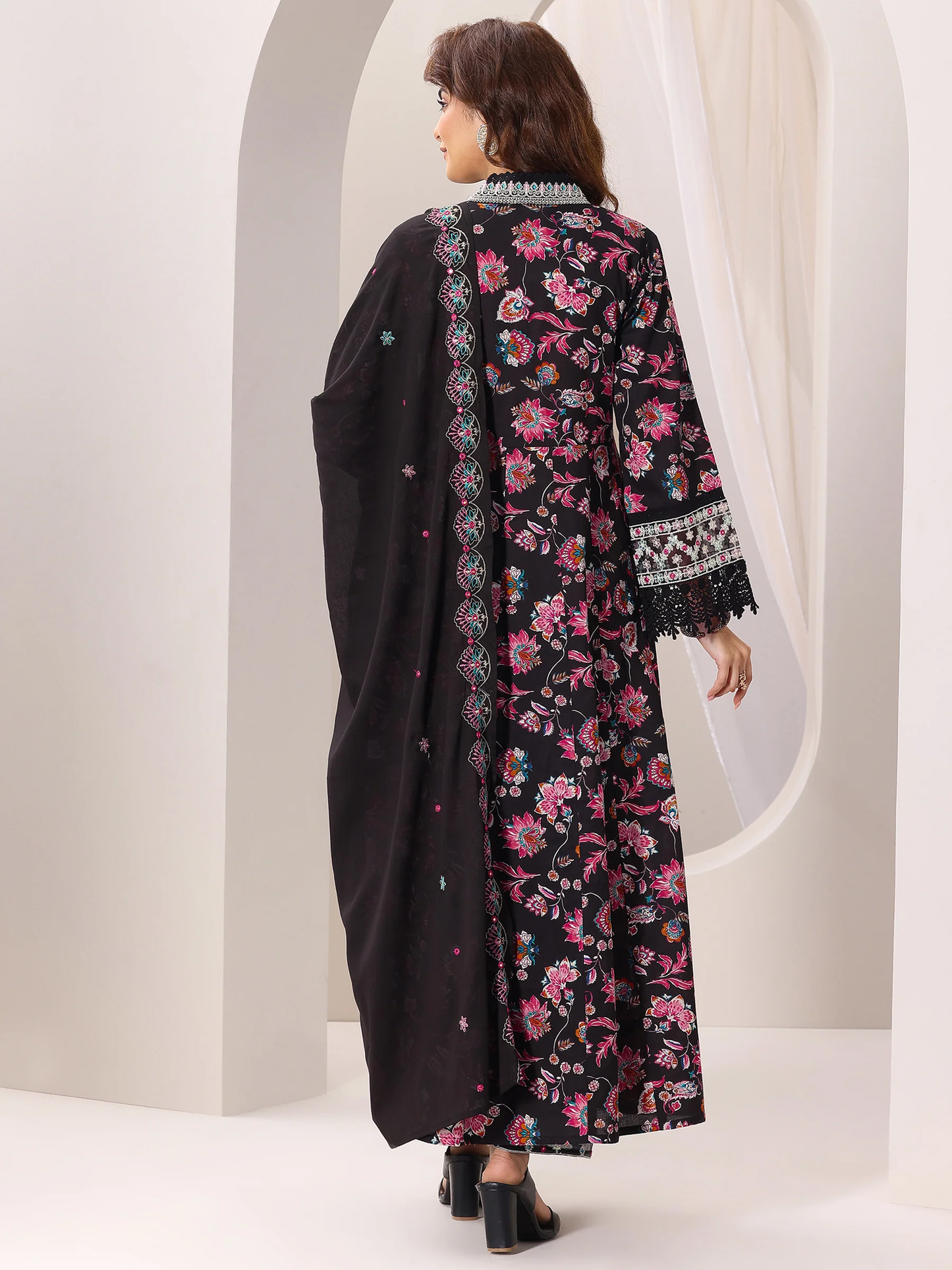 Black Printed Cotton Anarkali Suit Set With Dupatta