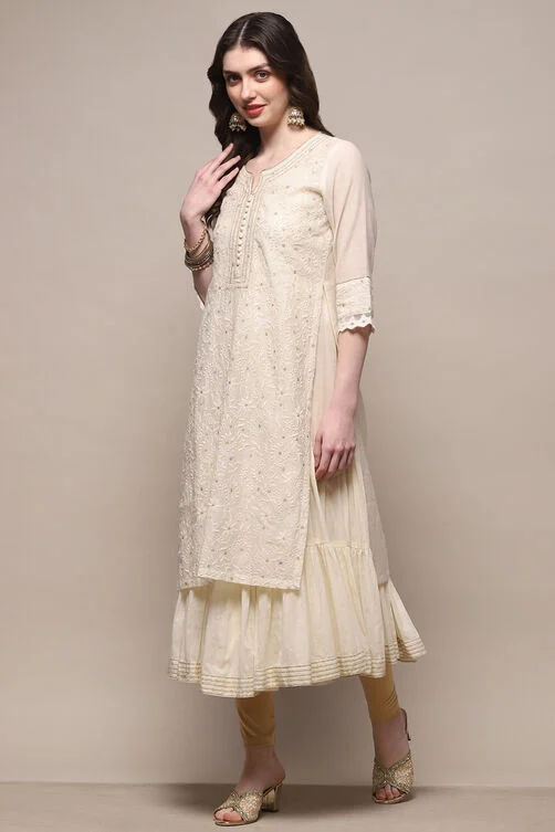 ECRU POLYESTER TIERED KURTA