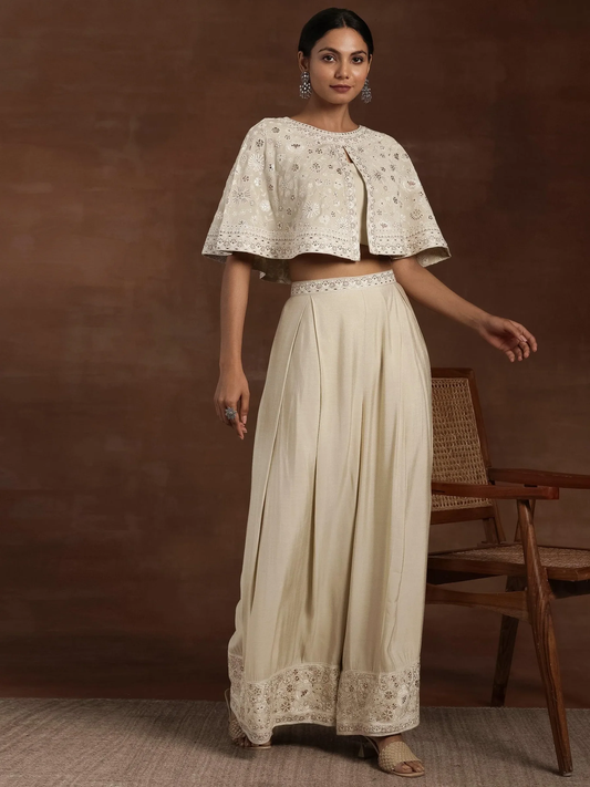 New Art Beige Solid Silk Blend Co-Ords