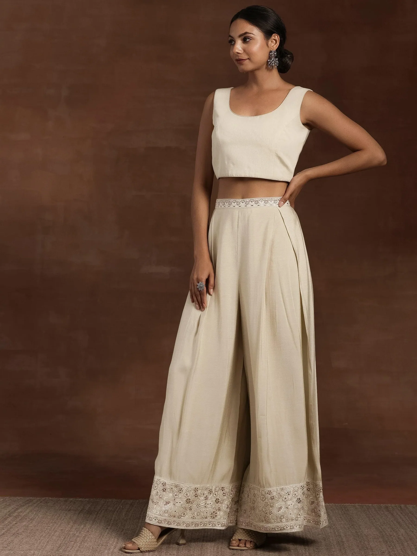 New Art Beige Solid Silk Blend Co-Ords