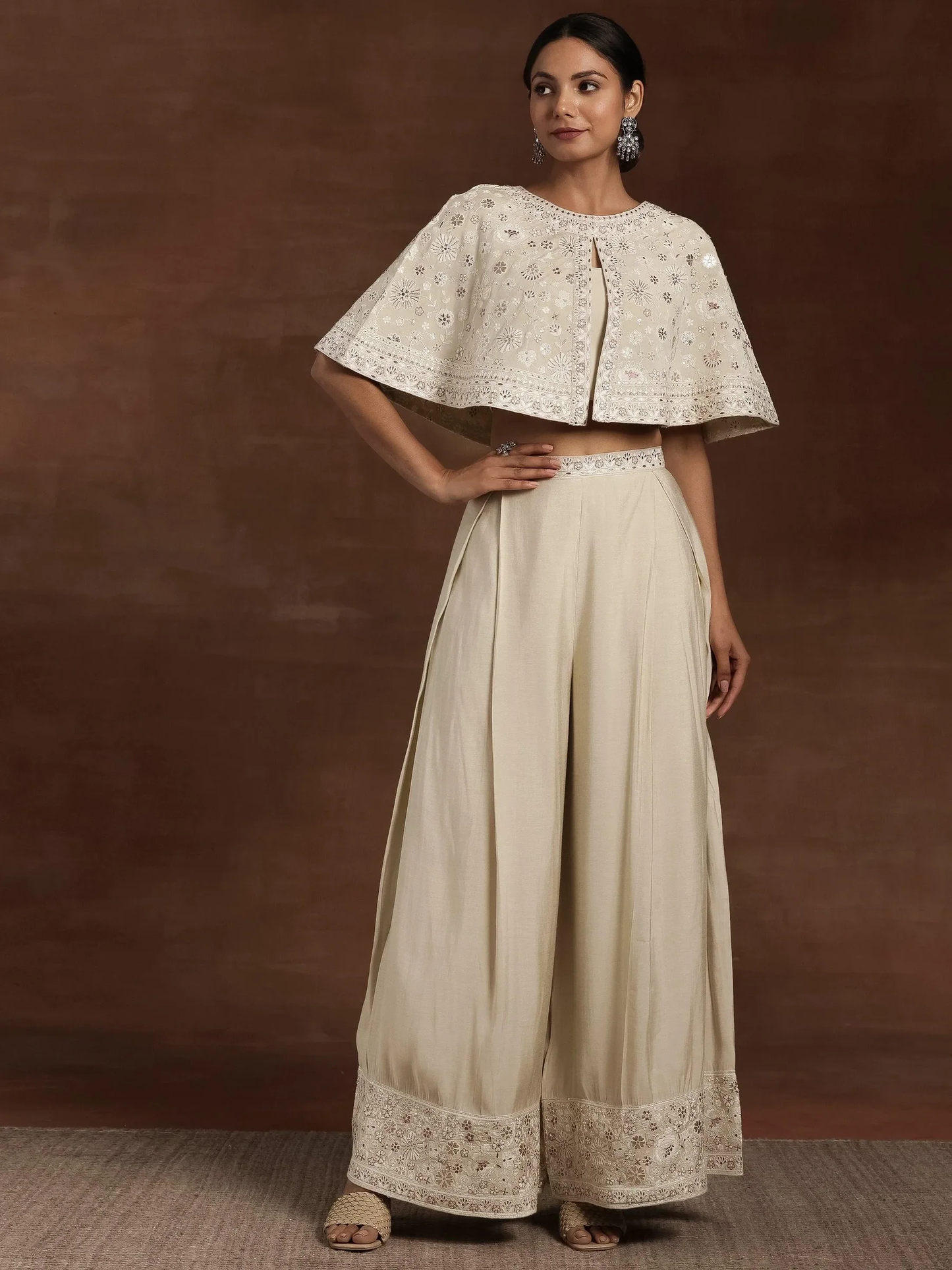New Art Beige Solid Silk Blend Co-Ords