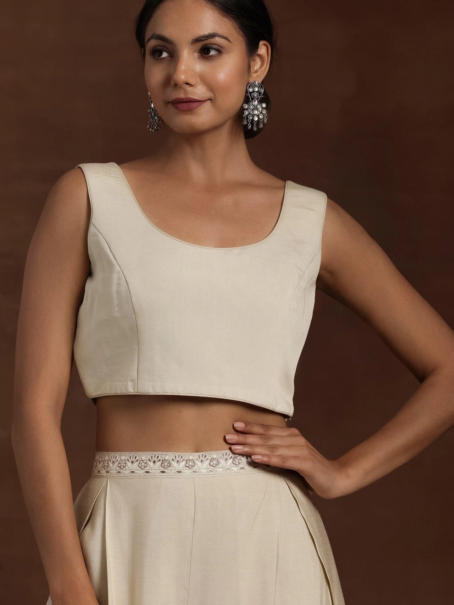 New Art Beige Solid Silk Blend Co-Ords
