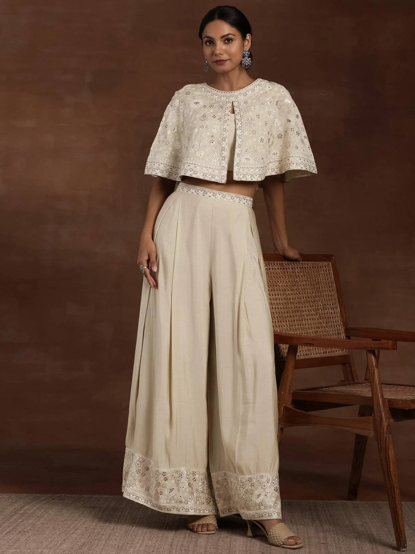 New Art Beige Solid Silk Blend Co-Ords