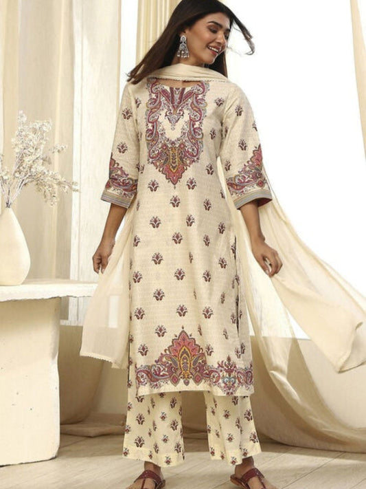 BEIGE PURE COTTON PRINTED STRAIGHT SUIT SET