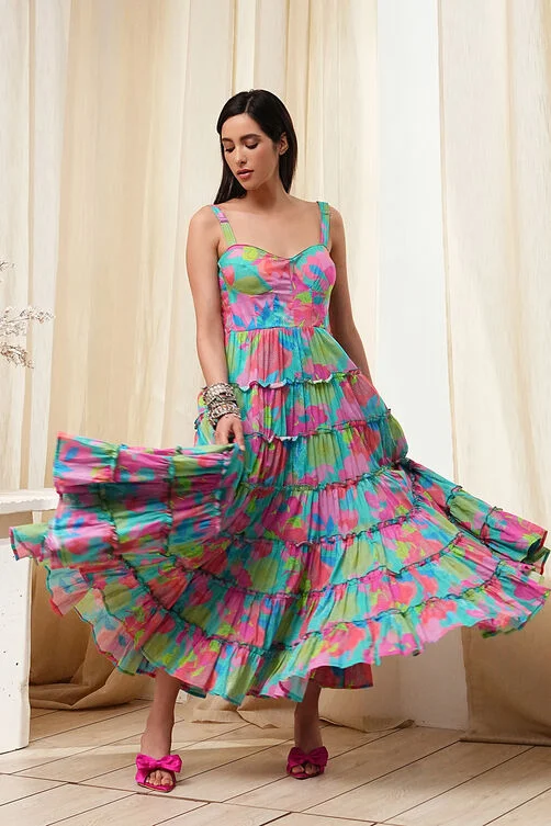 TURQUOISE COTTON FLORAL PRINTED TIERED DRESS