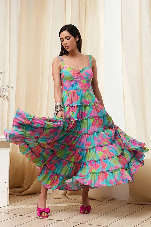 TURQUOISE COTTON FLORAL PRINTED TIERED DRESS