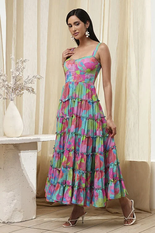 TURQUOISE COTTON FLORAL PRINTED TIERED DRESS