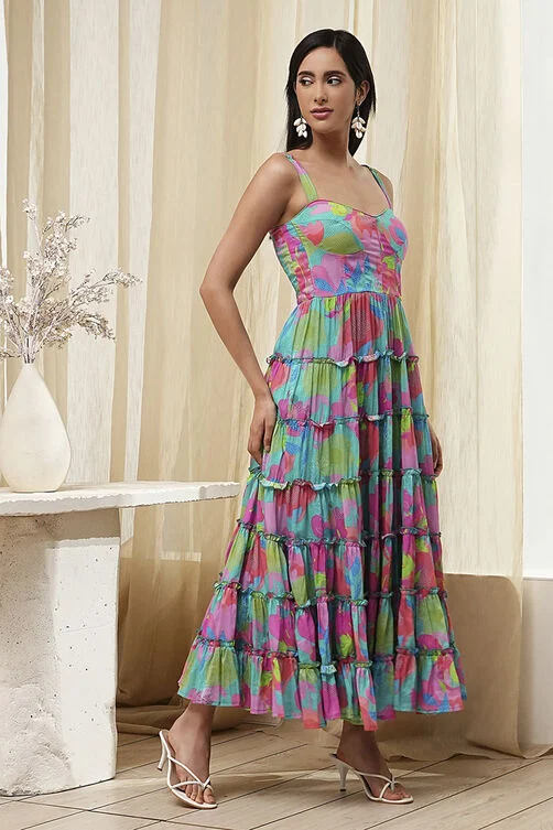 TURQUOISE COTTON FLORAL PRINTED TIERED DRESS