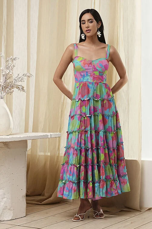 TURQUOISE COTTON FLORAL PRINTED TIERED DRESS
