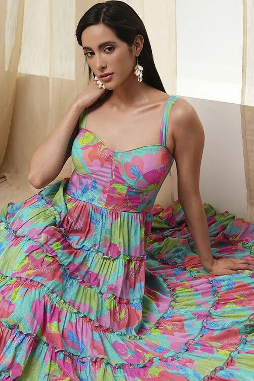 TURQUOISE COTTON FLORAL PRINTED TIERED DRESS