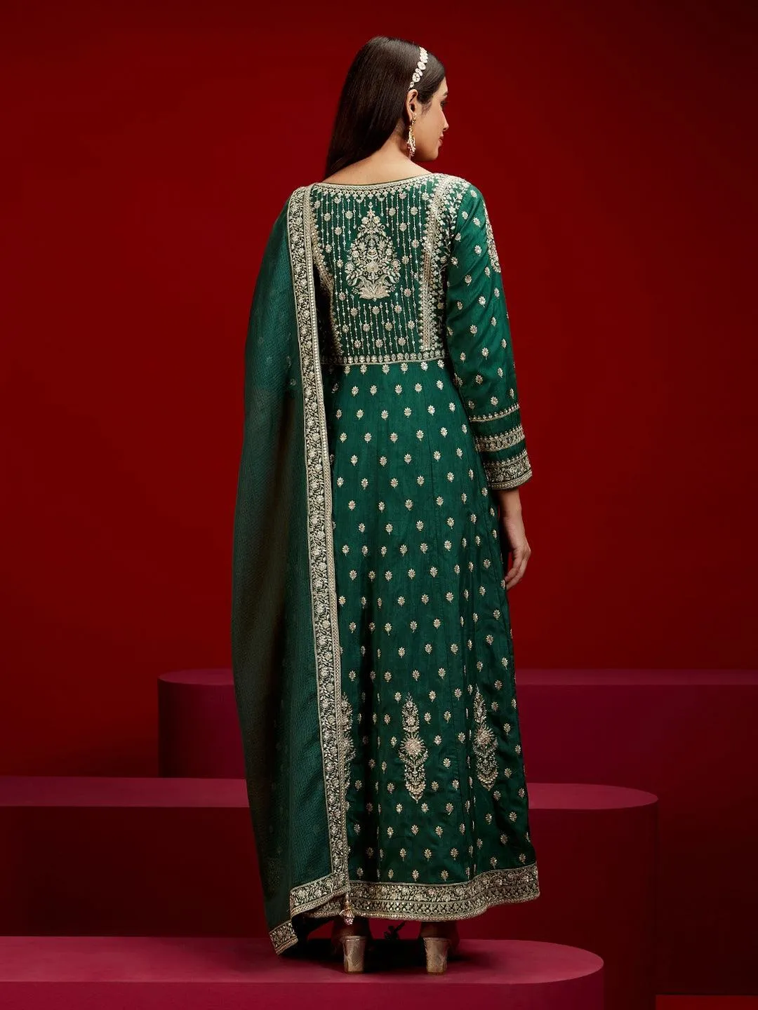 New Art Bottle Green Embroidered Silk A-Line Kurta With Trousers & Dupatta
