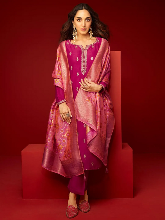 Pink Embroidered Silk Blend Straight Suit With Dupatta