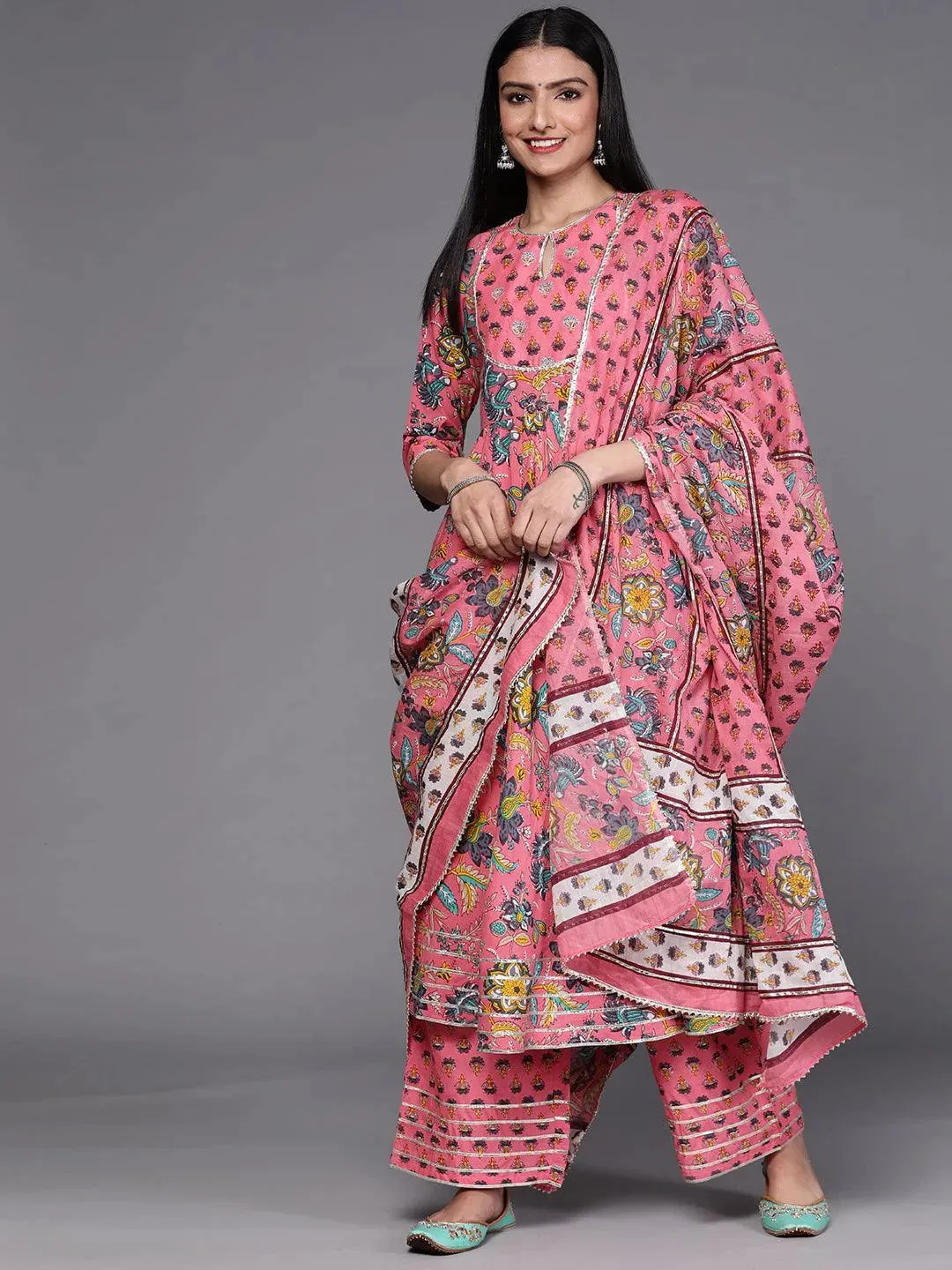 Printed Cotton Anarkali Kurta and Straight Kurta With Palazzos & Dupatta (PACK OF 2)