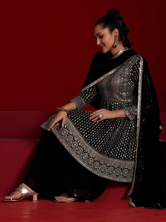 New Art Black Embroidered Georgette A-Line Kurta With Palazzos & Dupatta