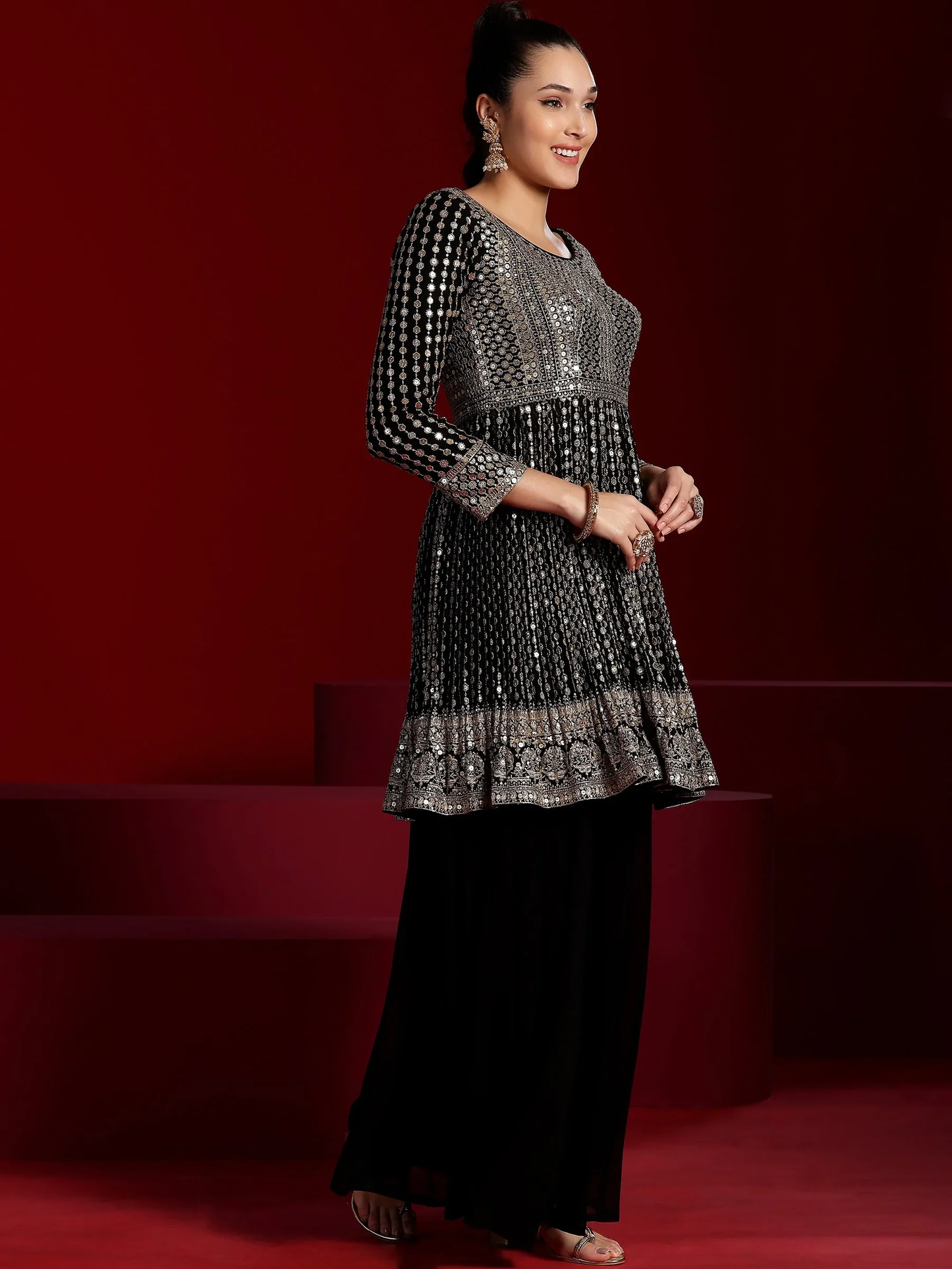 New Art Black Embroidered Georgette A-Line Kurta With Palazzos & Dupatta