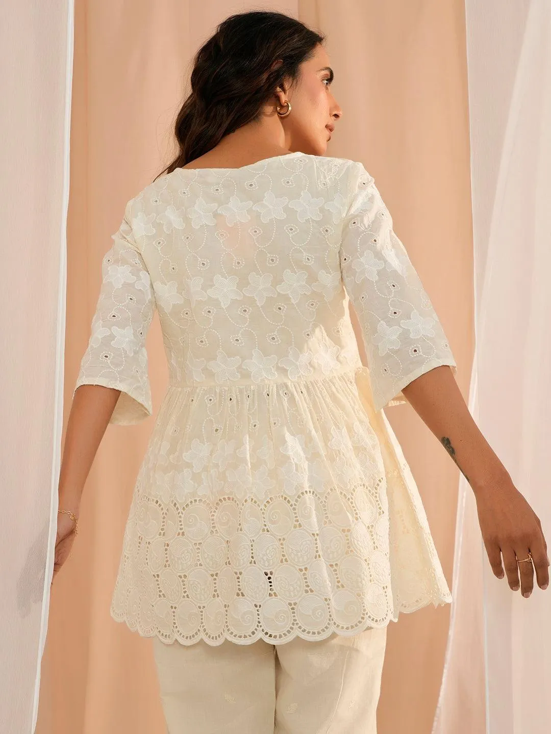 Zoya Off White Embroidered Cotton A-Line Kurti