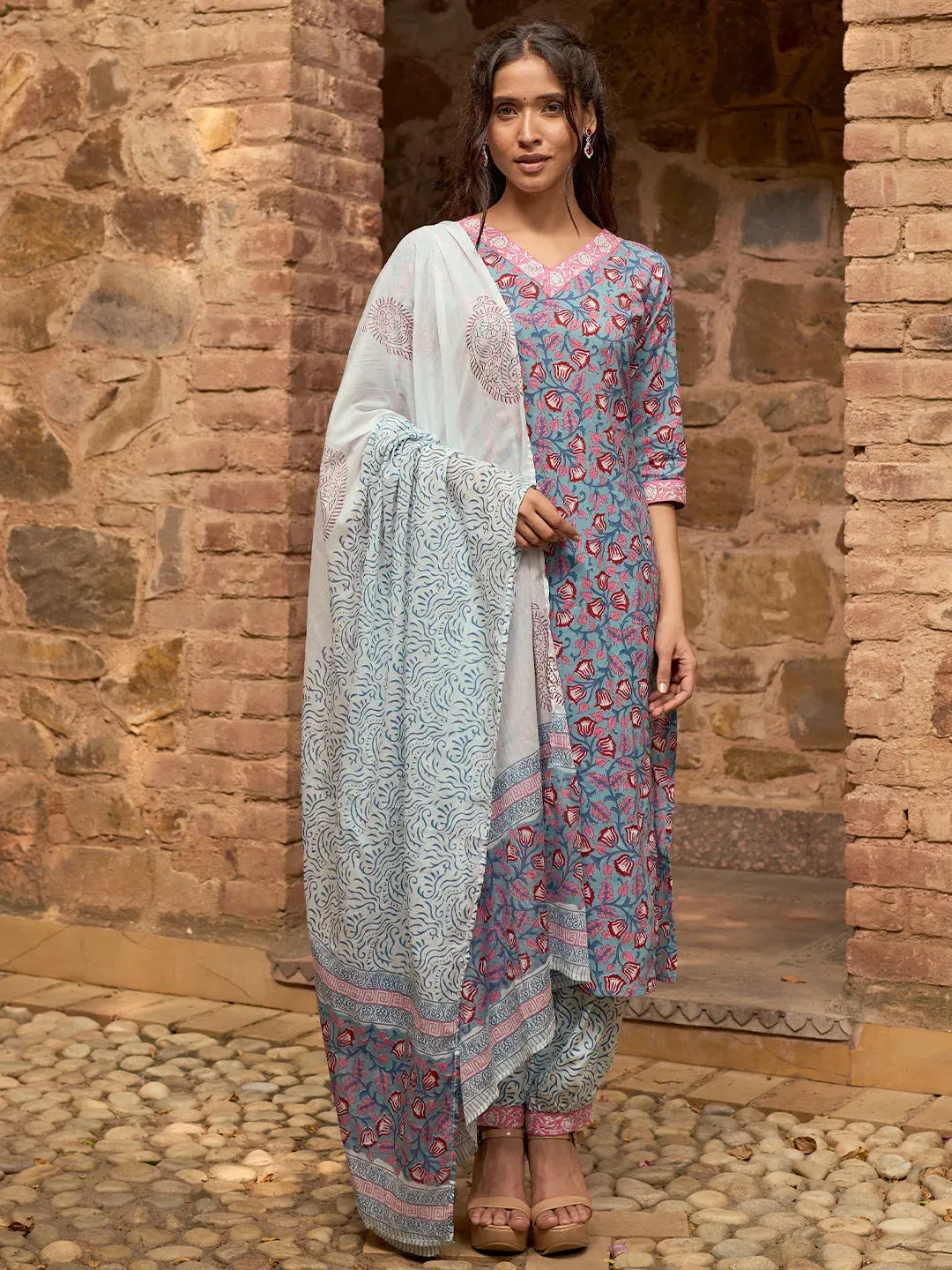Printed Cotton Straight Suit With Dupatta (Pack Of 2)
