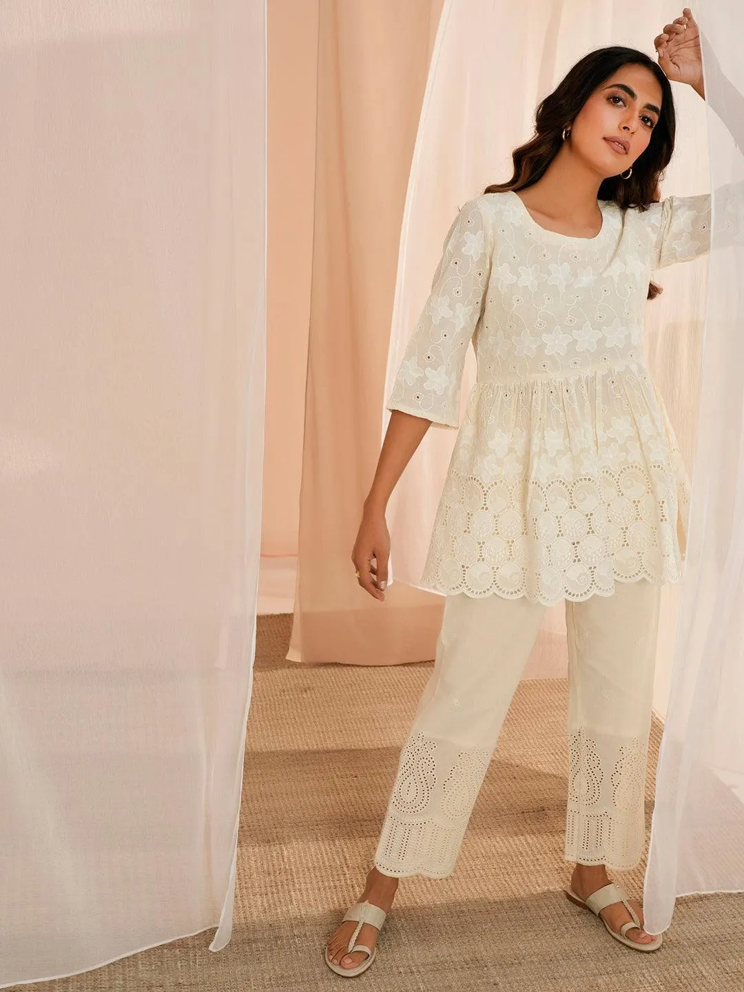 Zoya Off White Embroidered Cotton A-Line Kurti