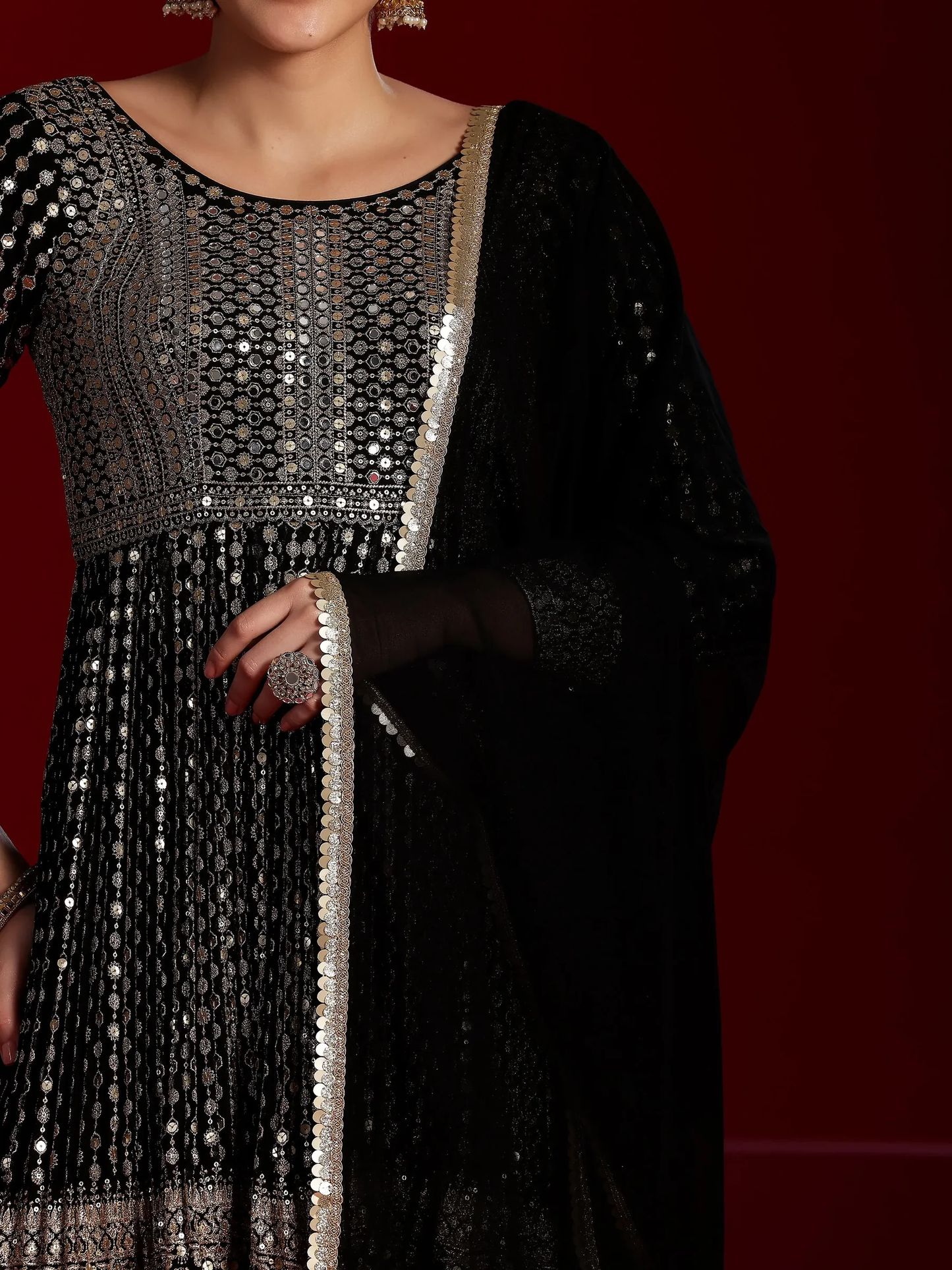 New Art Black Embroidered Georgette A-Line Kurta With Palazzos & Dupatta